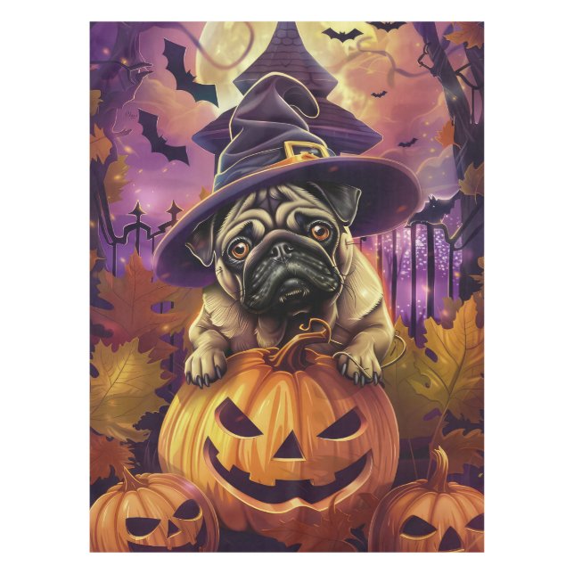 Spooky Mops Halloween Hexe und Kürbis Tischdecke (Vorderseite)
