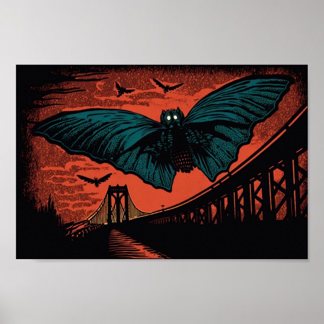 Spooky Mothman und Bridge Woodcut Art Print Poster (Vorne)