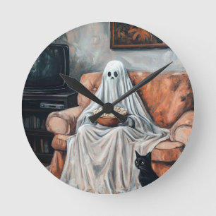 Spooky Movie Night Ghost und Cat-Fernsehen Runde Wanduhr