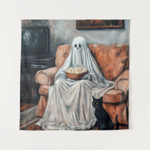 Spooky Movie Night Ghost und Cat-Fernsehen Wandteppich