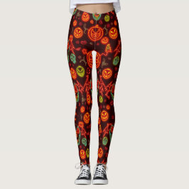 Spooky Neon Jack-o' Lantern Halloween Night Scene Leggings