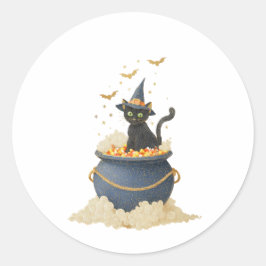 Spooky Niedlich Black Cat in Cauldron. Halloween Runder Aufkleber