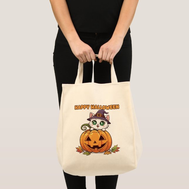 Spooky Niedlich Chibi Cat and Pumpkin Halloween Tragetasche (Vorderseite (Produkt))