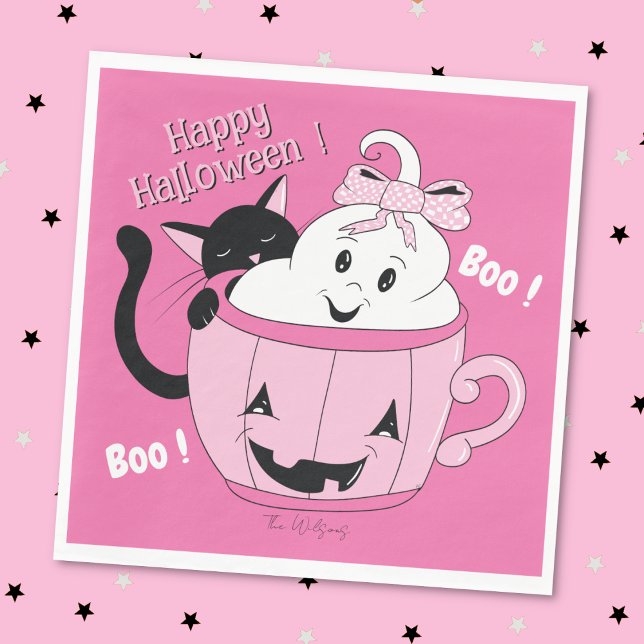 Spooky Niedlich Ghost Cat Pink Halloween Papier Na Serviette (Spooky cute ghost and black cat buddies pink Halloween paper napkin . )