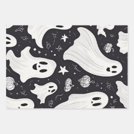 Spooky Niedlich Ghost Halloween Schwarz-weiß Geschenkpapier Set