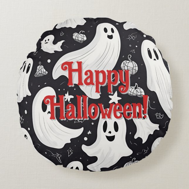Spooky Niedlich Ghost Halloween Schwarz-weiß Rundes Kissen (Vorderseite)