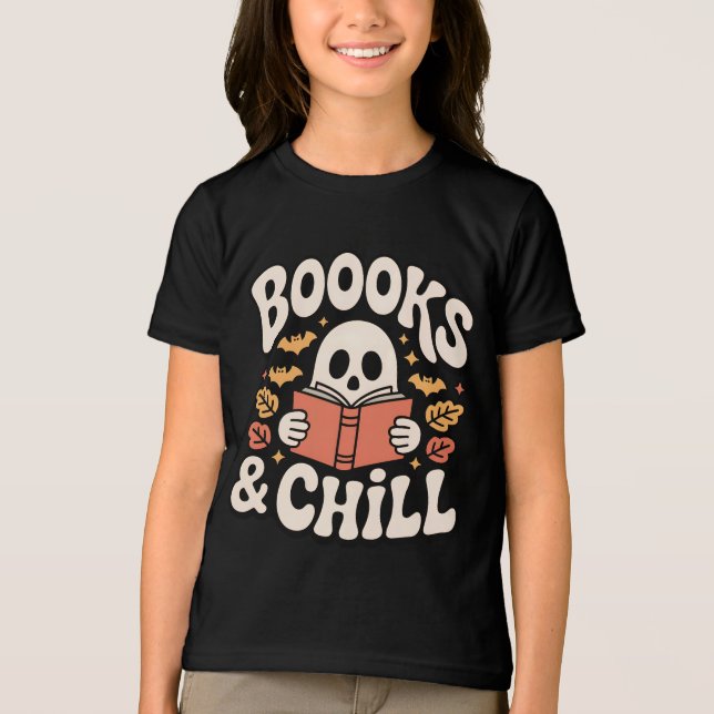 Spooky Niedlich Ghost Reading Book Tri-Blend Shirt (Vorderseite)