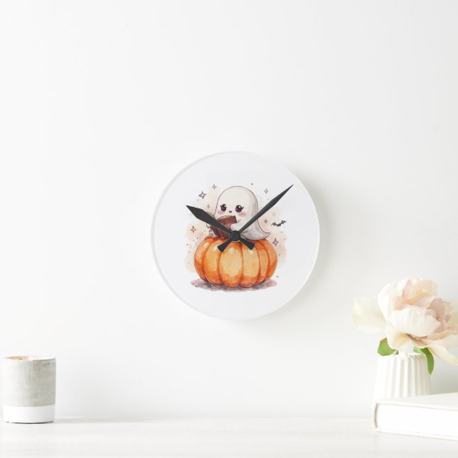 Spooky Niedlich Ghost Reading - Cosy Halloween Pum Runde Wanduhr (Zuhause)