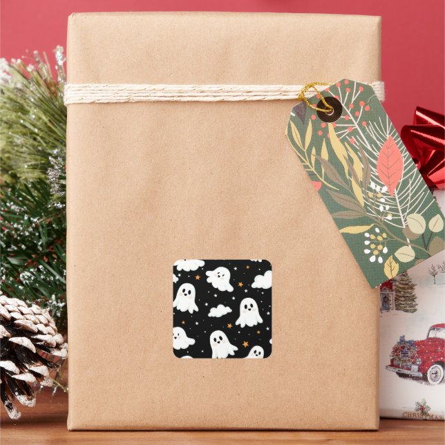 Spooky Niedlich Halloween Ghost Cloudy Star Sky Quadratischer Aufkleber (Feiertag)