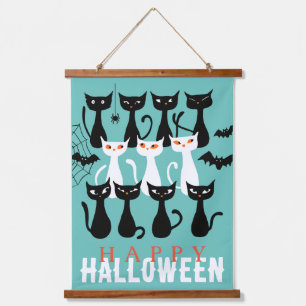 Spooky niedlich Katzenkatze Silhouette Happy Hallo Wandteppich Mit Holzrahmen