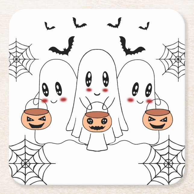 Spooky Niedlich Kawaii Cartoon Ghost Halloween-Par Rechteckiger Pappuntersetzer (Vorderseite)