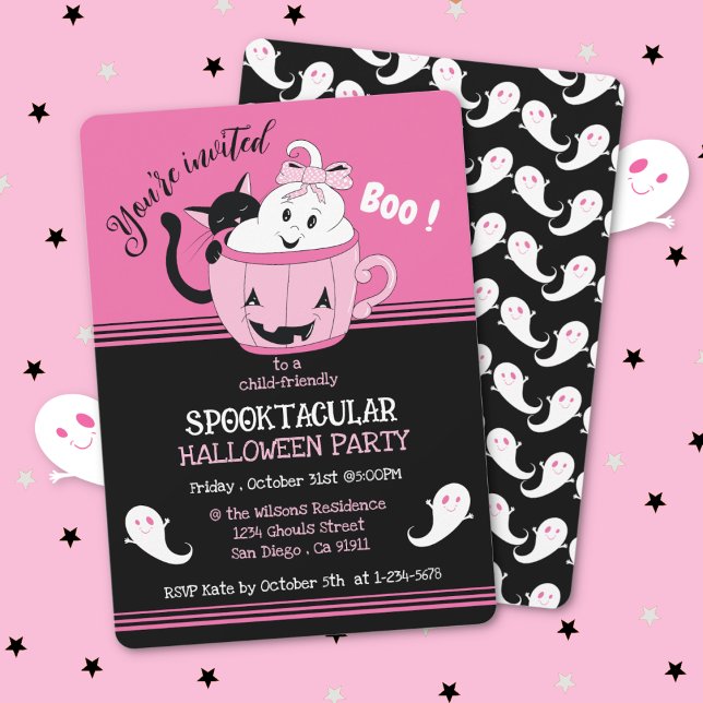 Spooky Niedlich Kids Pink Black Halloween Einladun Einladung (Spooky cute pink and black ghost theme kid-friendly Halloween party invitation .)