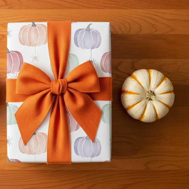 Spooky Niedlich Pastel Pumpkin und Spirit Hallowee Geschenkpapier (gift wrapping with an orange bow
)