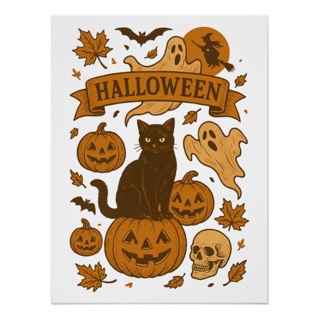 Spooky Niedlich Retro Halloween Black Cat Pumpkin Poster (Vorderseite)