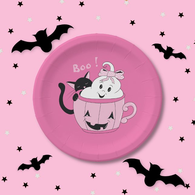 Spooky Niedlich rosa Halloween Papierplatte - Geis Pappteller (Spooky cute ghost and black cat pink Halloween round paper plate .)