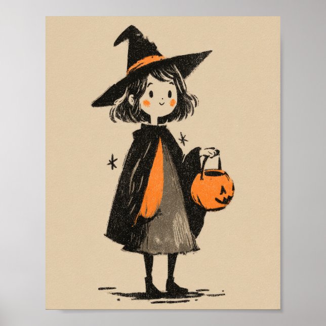 Spooky Niedlich Witch Girl Retro Halloween Kinderz Poster (Vorne)