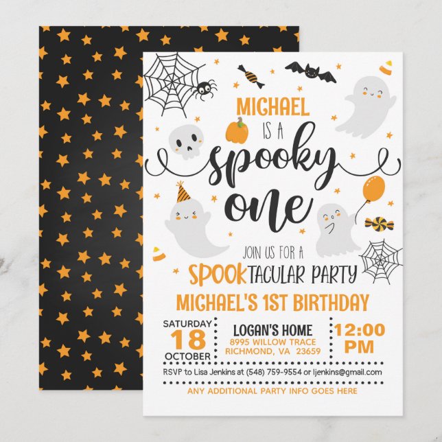 Spooky One Birthday Einladung - Blk & Orange (Vorne/Hinten)