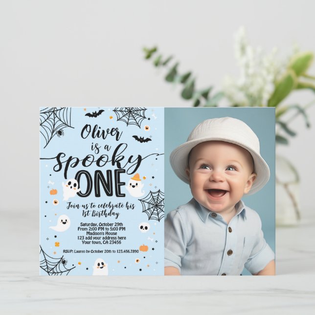 Spooky One Blue Ghost Halloween Invite with Photo Einladung (Stehend Vorderseite)