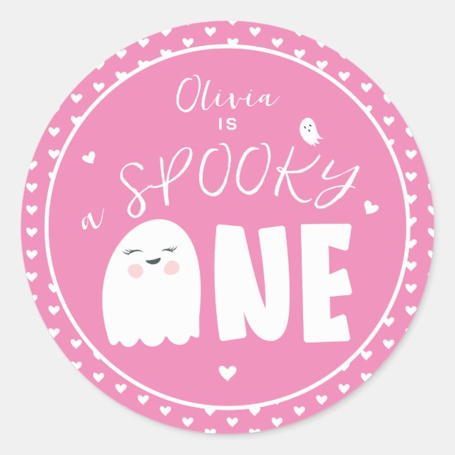 Spooky One Girls Pink Ghost Halloween 1. Geburtsta Runder Aufkleber (Vorderseite)