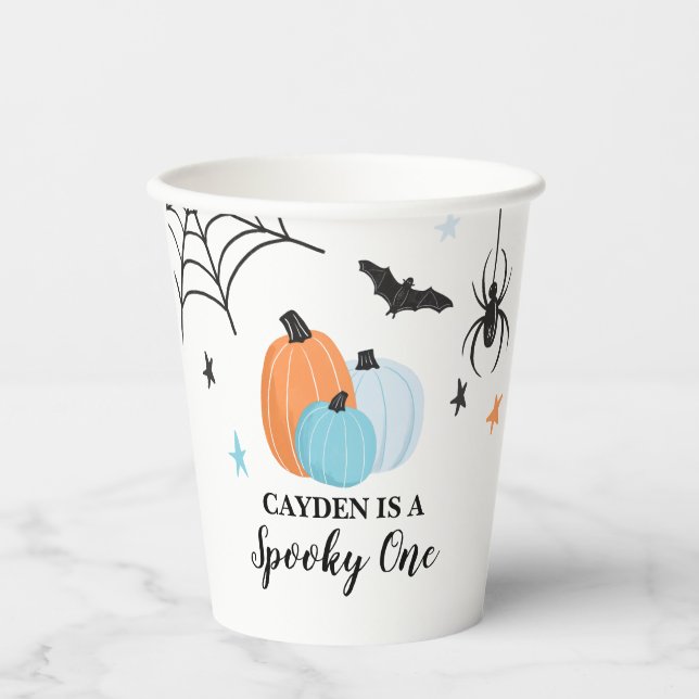 Spooky One Halloween Blue Pumpkins 1. Geburtstag Pappbecher (Vorderseite)