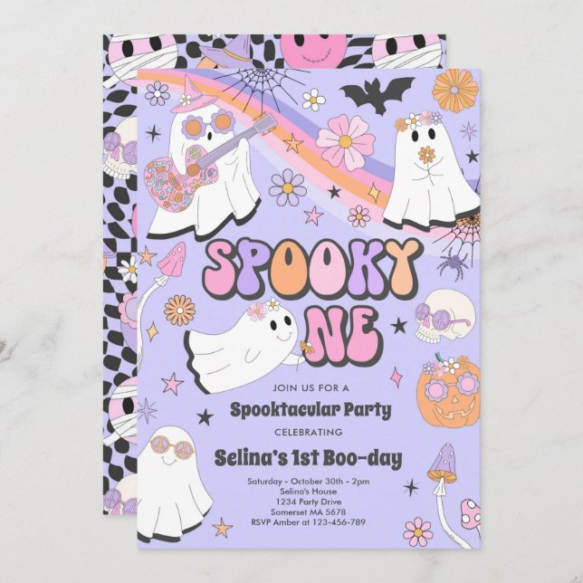 Spooky One Halloween Groovy Ghost 1. Geburtstag Einladung (Vorne/Hinten)
