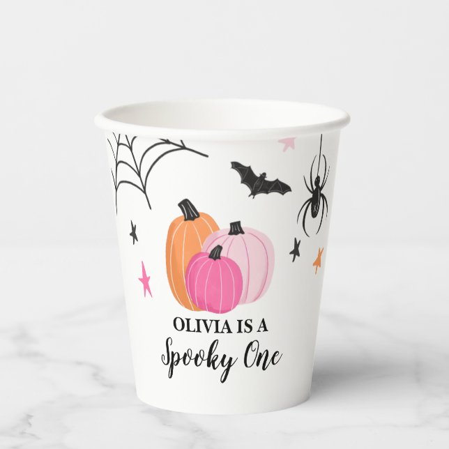 Spooky One Halloween PINK Pumpkins Geburtstag Pappbecher (Vorderseite)