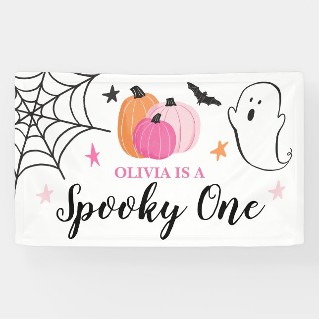 Spooky One Halloween rosa Kürbis 1. Geburtstag Banner (Horizontal)