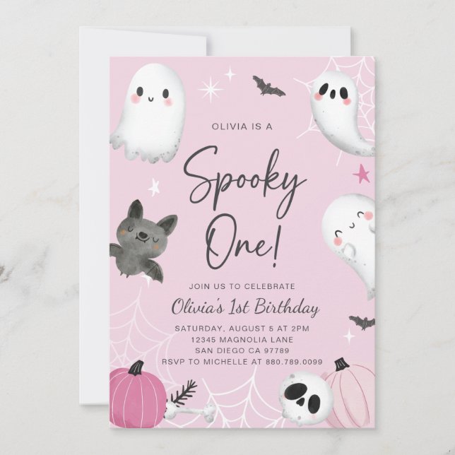 Spooky One Pink Ghost Erster Geburtstag Einladung (Vorderseite)