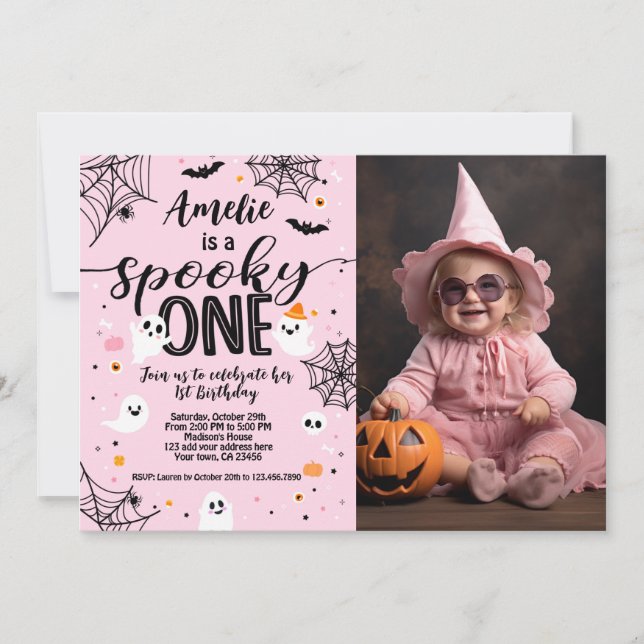 Spooky One Pink Ghost Halloween Invite with Photo Einladung (Vorderseite)