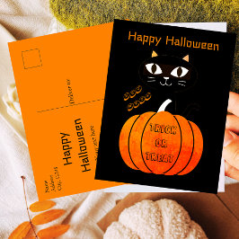 Spooky Orange Black Cat Trick oder Treat Halloween Postkarte