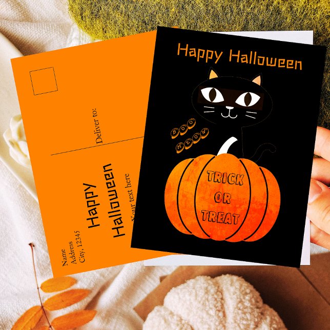Spooky Orange Black Cat Trick oder Treat Halloween Postkarte (Von Creator hochgeladen)