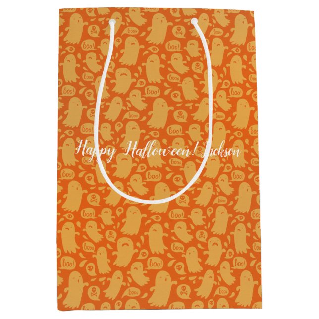 Spooky Orange Ghosts Halloween Mittlere Geschenktüte (Vorderseite)