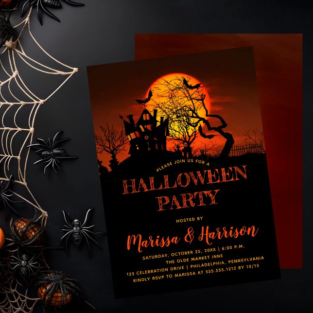 Spooky Orange Moon Spuk House Halloween-Party I Einladung (Spooky Orange Moon Haunted House Halloween Party Invitation)