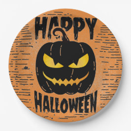 Spooky Orange Pumpkin Black Halloween-Party Pappteller