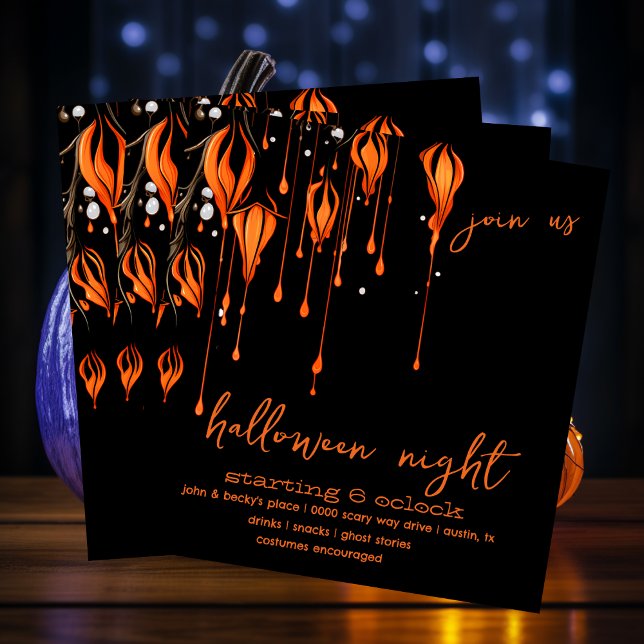 Spooky Orange und Black Paint Whimsical Halloween Einladung (Enchanted spooky evening in orange and black Halloween night party invitation you customize. )