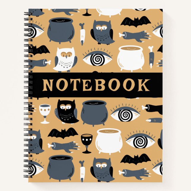 Spooky Owl Fingers Bats Cauldron Halloween Notizbuch (Vorderseite)