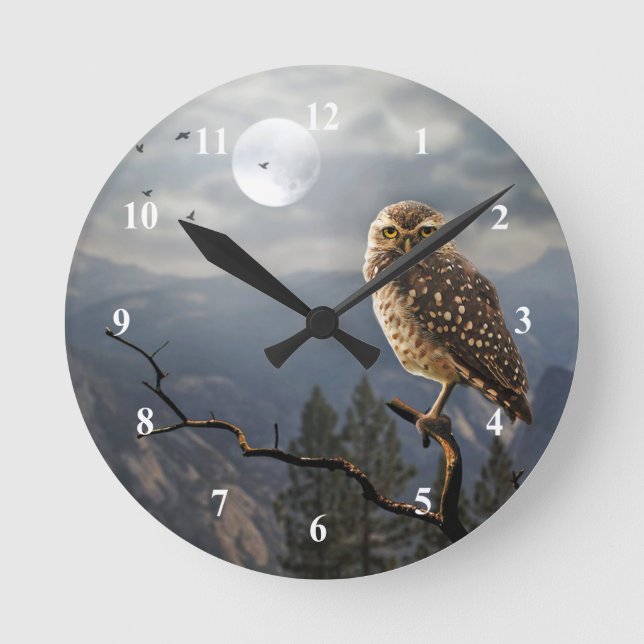 Spooky Owl Moon Graphic Runde Wanduhr (Vorderseite)