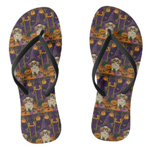 Spooky Pekingese Hund Halloween Hexe und Pumpkin Flip Flops