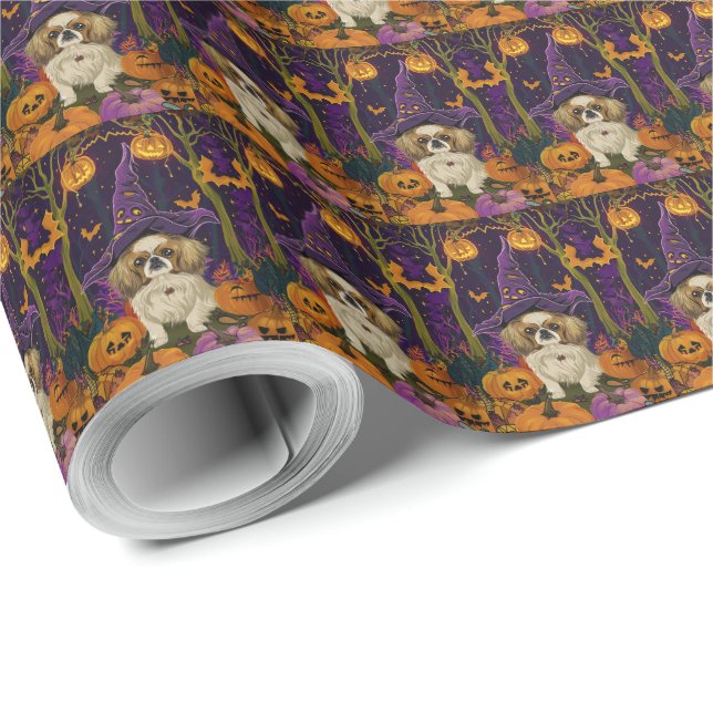 Spooky Pekingese Hund Halloween Hexe und Pumpkin Geschenkpapier (Rolleneckpunkt)