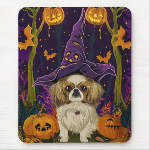 Spooky Pekingese Hund Halloween Hexe und Pumpkin Mousepad