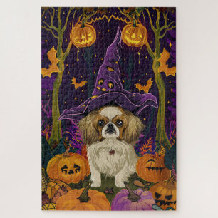 Spooky Pekingese Hund Halloween Hexe und Pumpkin Puzzle