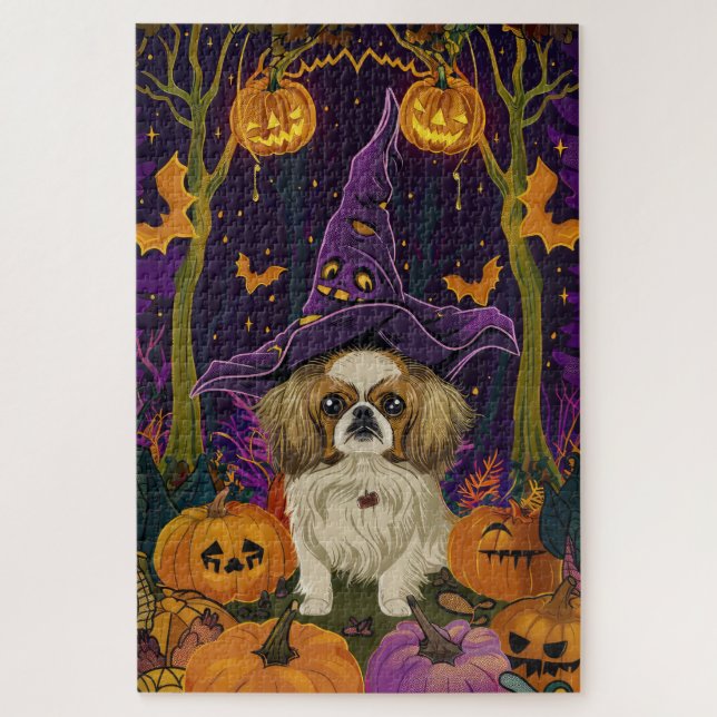 Spooky Pekingese Hund Halloween Hexe und Pumpkin Puzzle (Vertikal)