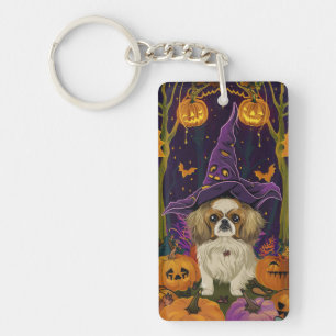 Spooky Pekingese Hund Halloween Hexe und Pumpkin Schlüsselanhänger
