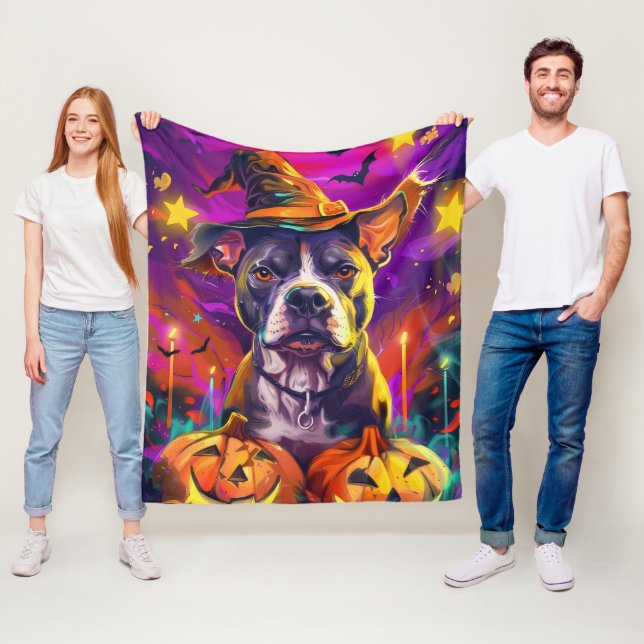 Spooky Pitbull Halloween Hexe und Pumpkin Fleecedecke (Beispiel)