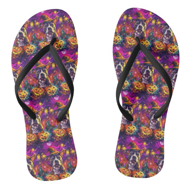 Spooky Pitbull Halloween Hexe und Pumpkin Flip Flops (Fußbett)
