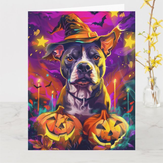 Spooky Pitbull Halloween Hexe und Pumpkin Karte (Gelbe Blume)