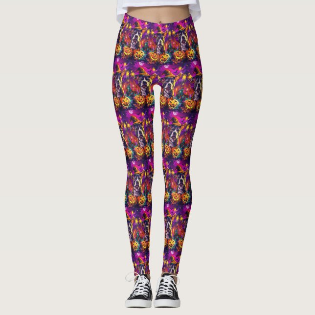 Spooky Pitbull Halloween Hexe und Pumpkin Leggings (Vorderseite)