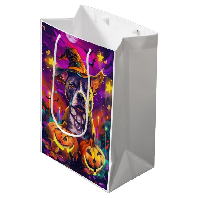 Spooky Pitbull Halloween Hexe und Pumpkin Mittlere Geschenktüte (Vorderseite Schrägansicht)