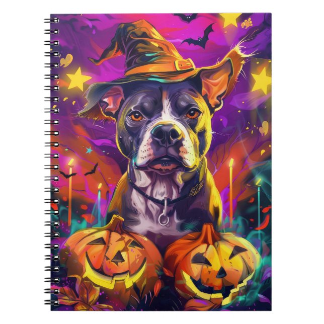 Spooky Pitbull Halloween Hexe und Pumpkin Notizblock (Vorderseite)