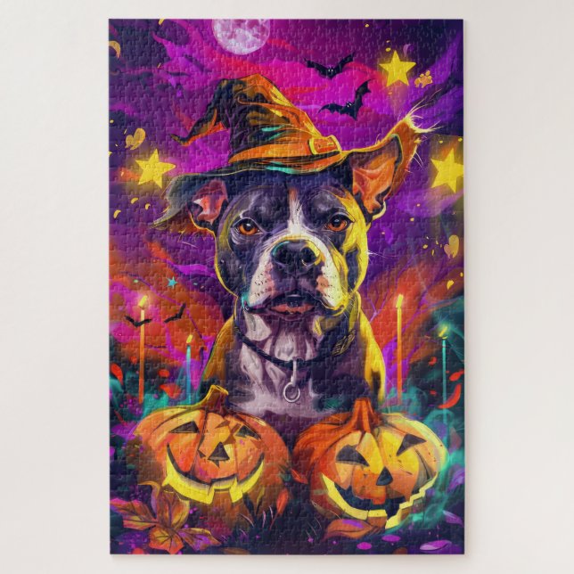 Spooky Pitbull Halloween Hexe und Pumpkin Puzzle (Vertikal)